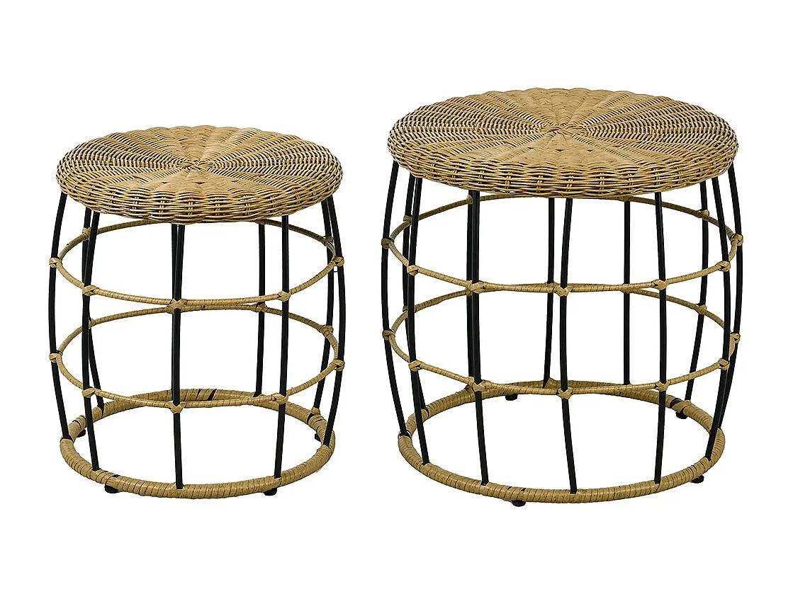 Lot de 2 tables basses gigognes de jardin table d'appoint ronde encastrables résine tressée imitation rotin ,kaki foncé
