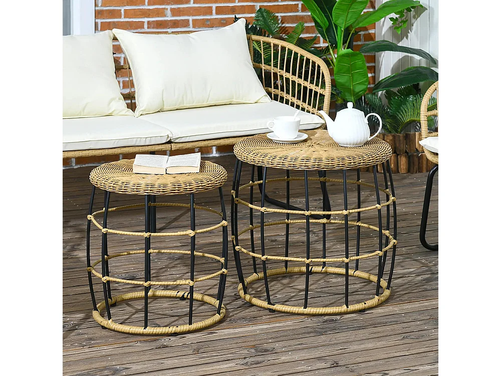 Lot de 2 tables basses gigognes de jardin table d'appoint ronde encastrables résine tressée imitation rotin ,kaki foncé