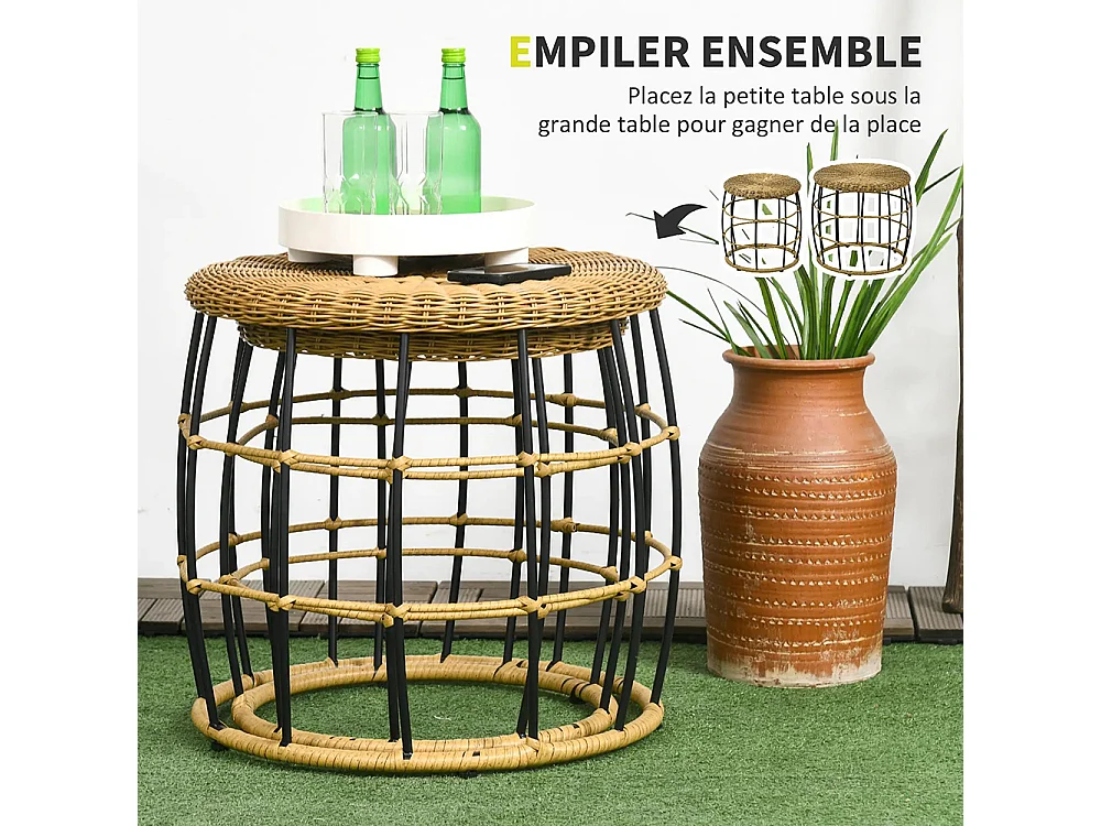 Lot de 2 tables basses gigognes de jardin table d'appoint ronde encastrables résine tressée imitation rotin ,kaki foncé