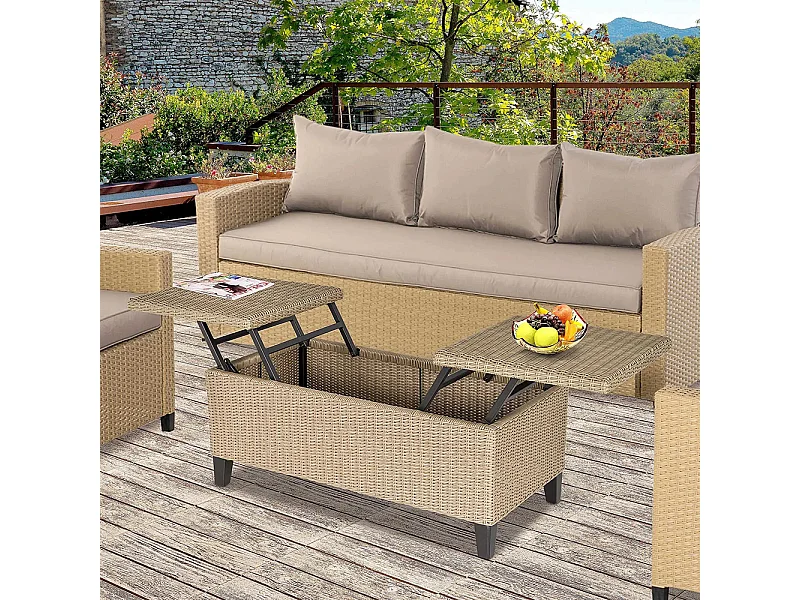 Table basse de jardin style cosy chic - table basse relevable - métal époxy résine tressée imitation rotin ,beige