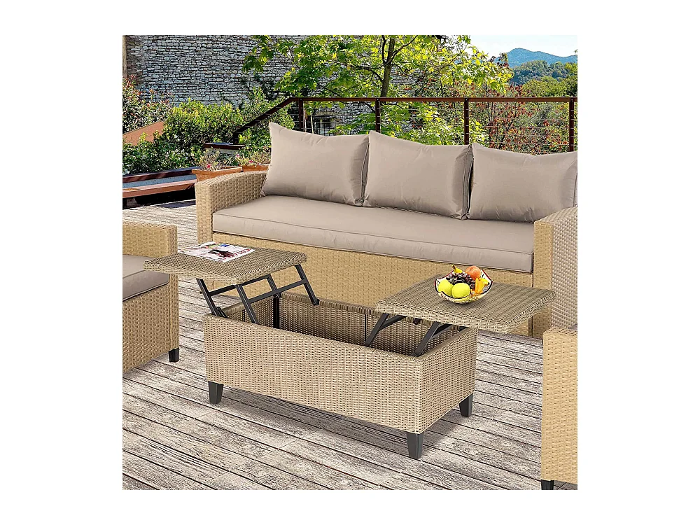 Table basse de jardin style cosy chic - table basse relevable - métal époxy résine tressée imitation rotin ，beige