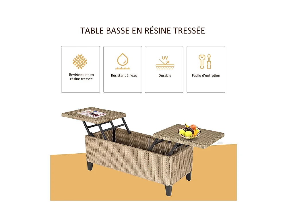 Table basse de jardin style cosy chic - table basse relevable - métal époxy résine tressée imitation rotin ，beige