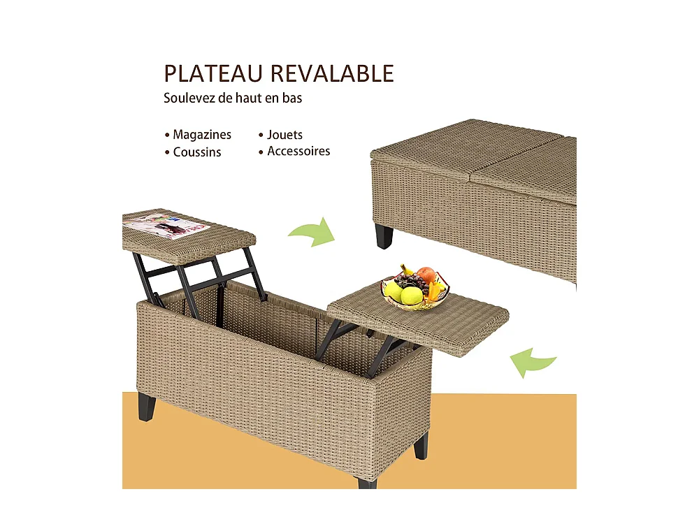 Table basse de jardin style cosy chic - table basse relevable - métal époxy résine tressée imitation rotin ，beige