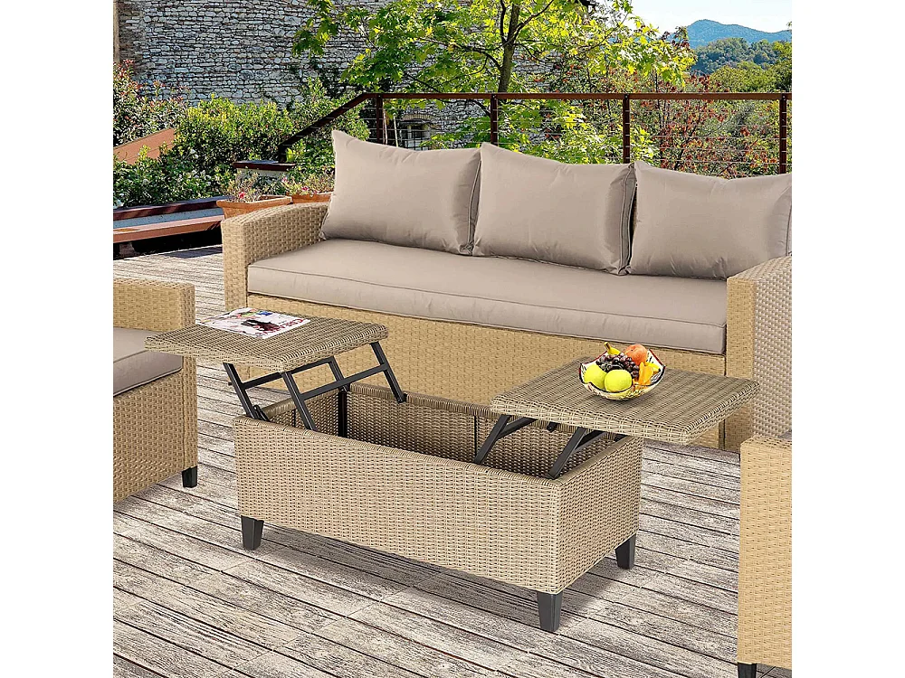 Table basse de jardin style cosy chic - table basse relevable - métal époxy résine tressée imitation rotin ，beige