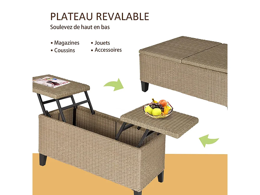 Table basse de jardin style cosy chic - table basse relevable - métal époxy résine tressée imitation rotin ，beige