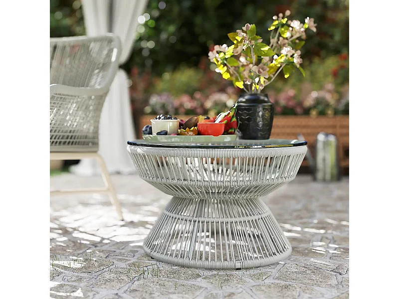 Table basse de jardin ronde, table d'appoint en résine aspect rotin et plateau verre trempé Ø 60 x 37H cm