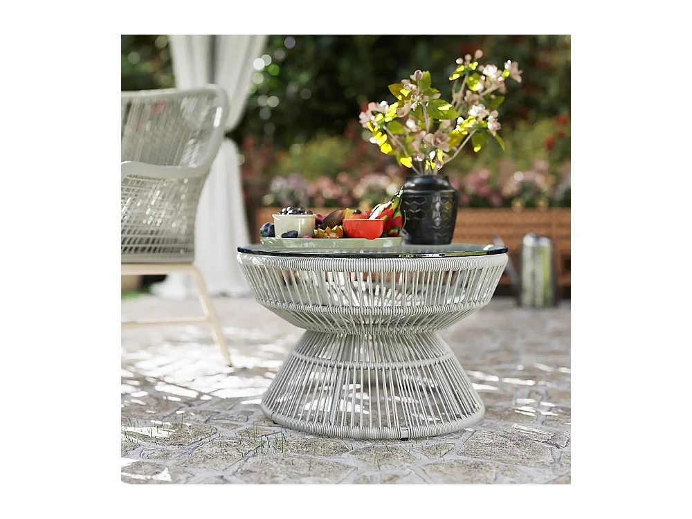 Table basse de jardin ronde, table d'appoint en résine aspect rotin et plateau verre trempé Ø 60 x 37H cm