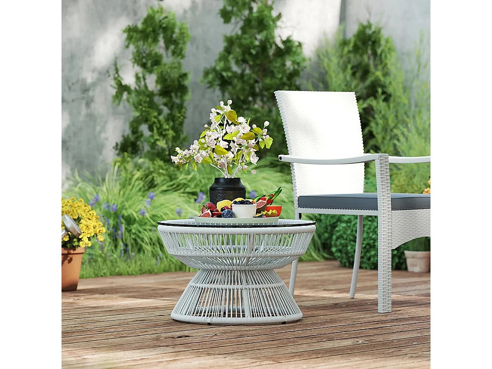 Table basse de jardin ronde, table d'appoint en résine aspect rotin et plateau verre trempé Ø 60 x 37H cm