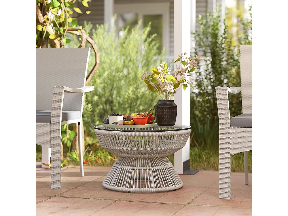 Table basse de jardin ronde, table d'appoint en résine aspect rotin et plateau verre trempé Ø 60 x 37H cm