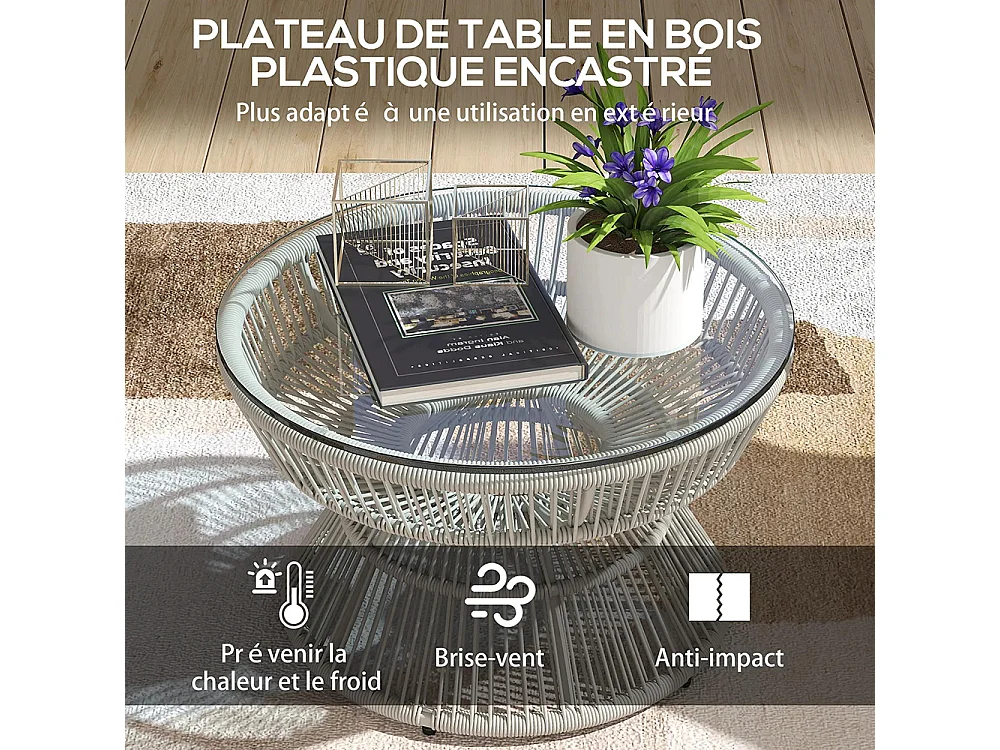 Table basse de jardin ronde, table d'appoint en résine aspect rotin et plateau verre trempé Ø 60 x 37H cm