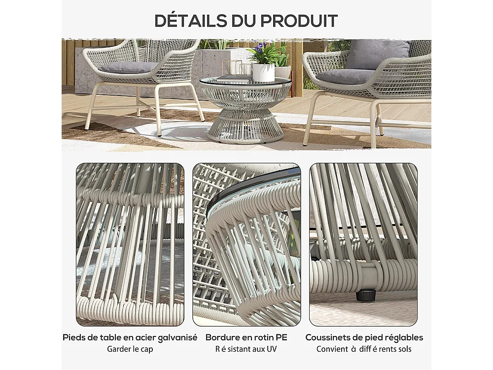 Table basse de jardin ronde, table d'appoint en résine aspect rotin et plateau verre trempé Ø 60 x 37H cm