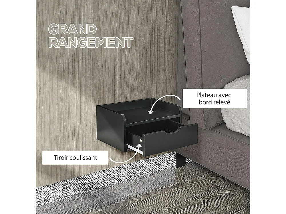 Lot de 2 tables de chevet murales tables de nuit suspendues tiroir plateau aspect bois dim. 40L x 30l x 19,5H cm