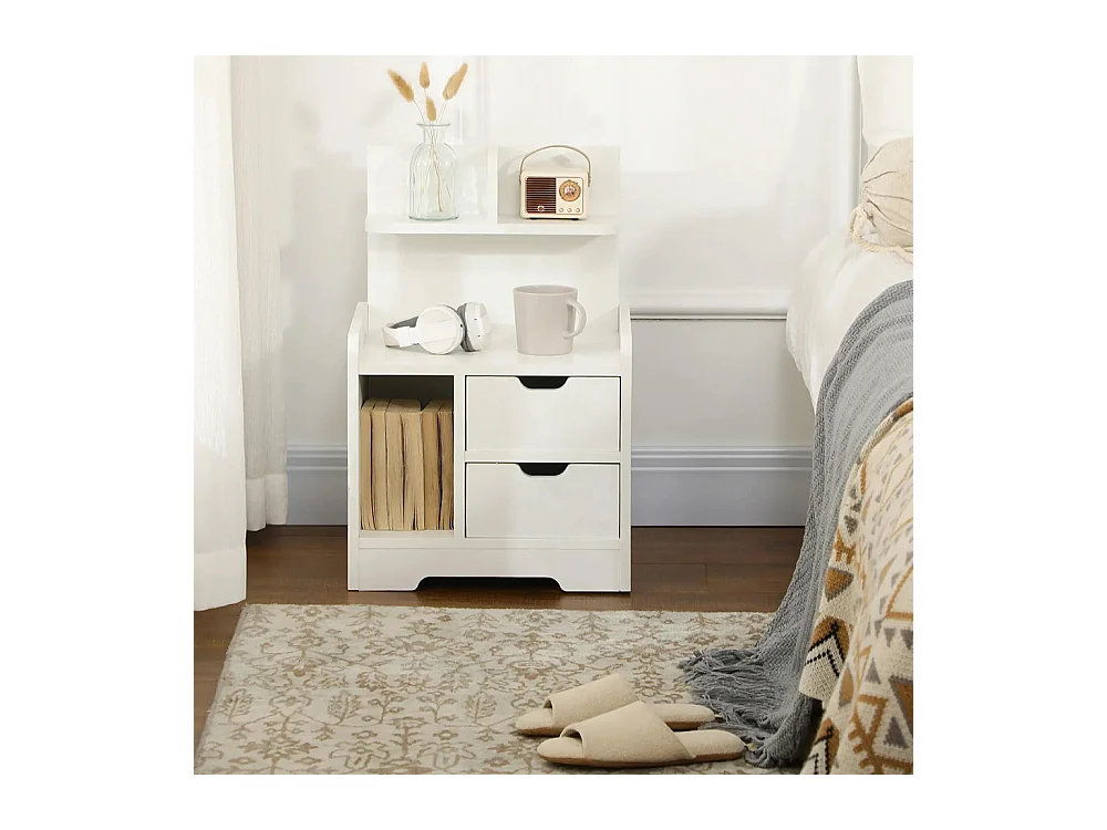 Table de Chevet ,Table de Nuit Multi-Rangement 2 tiroirs Niche étagère en bois ,Blanc