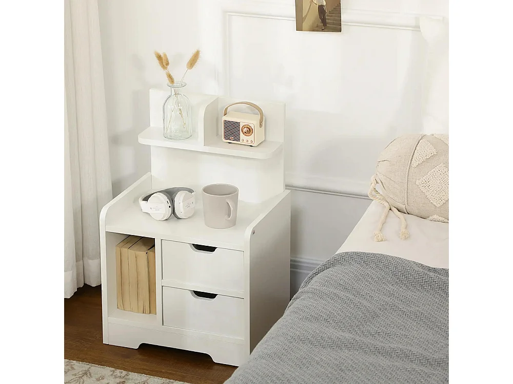Table de Chevet ,Table de Nuit Multi-Rangement 2 tiroirs Niche étagère en bois ,Blanc