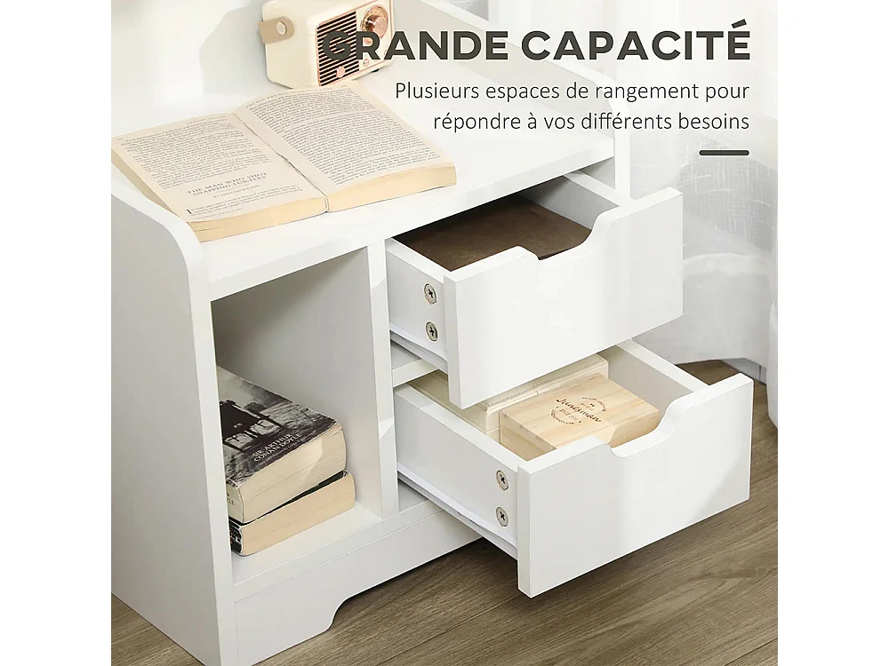 Table de Chevet ,Table de Nuit Multi-Rangement 2 tiroirs Niche étagère en bois ,Blanc
