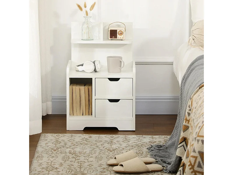 Table de Chevet ,Table de Nuit Multi-Rangement 2 tiroirs Niche étagère en bois ,Blanc