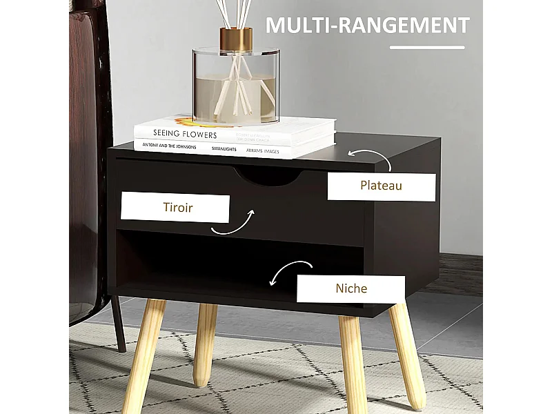 Lot de 2 tables de chevet avec tiroirs, pieds en bois massif, dimensions : 50 x 39 x 51 cm, couleur noir et bois naturel.