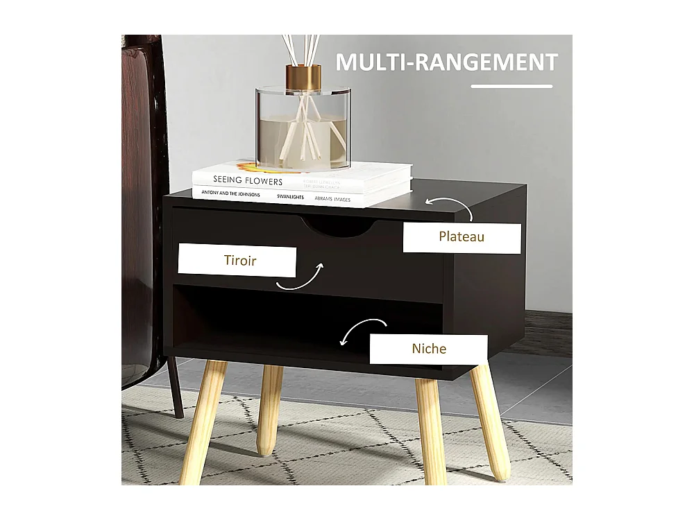 Lot de 2 tables de chevet avec tiroirs, pieds en bois massif, dimensions : 50 x 39 x 51 cm, couleur noir et bois naturel.