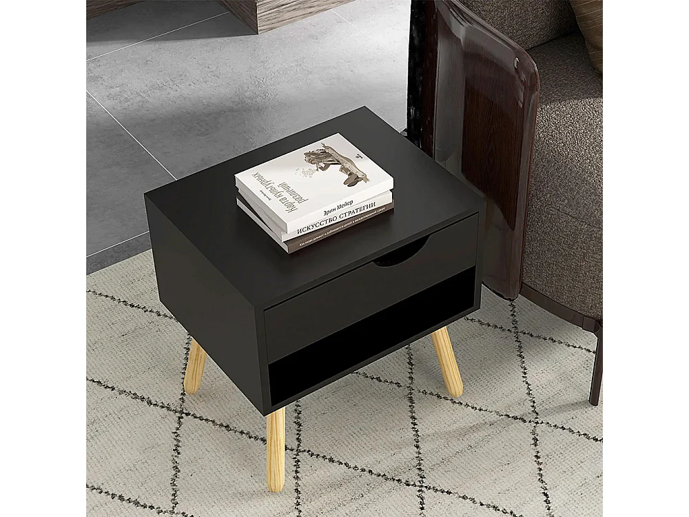 Lot de 2 tables de chevet avec tiroirs, pieds en bois massif, dimensions : 50 x 39 x 51 cm, couleur noir et bois naturel.