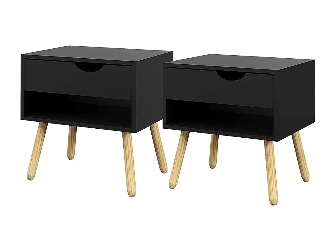 Lot de 2 tables de chevet avec tiroirs, pieds en bois massif, dimensions : 50 x 39 x 51 cm, couleur noir et bois naturel.