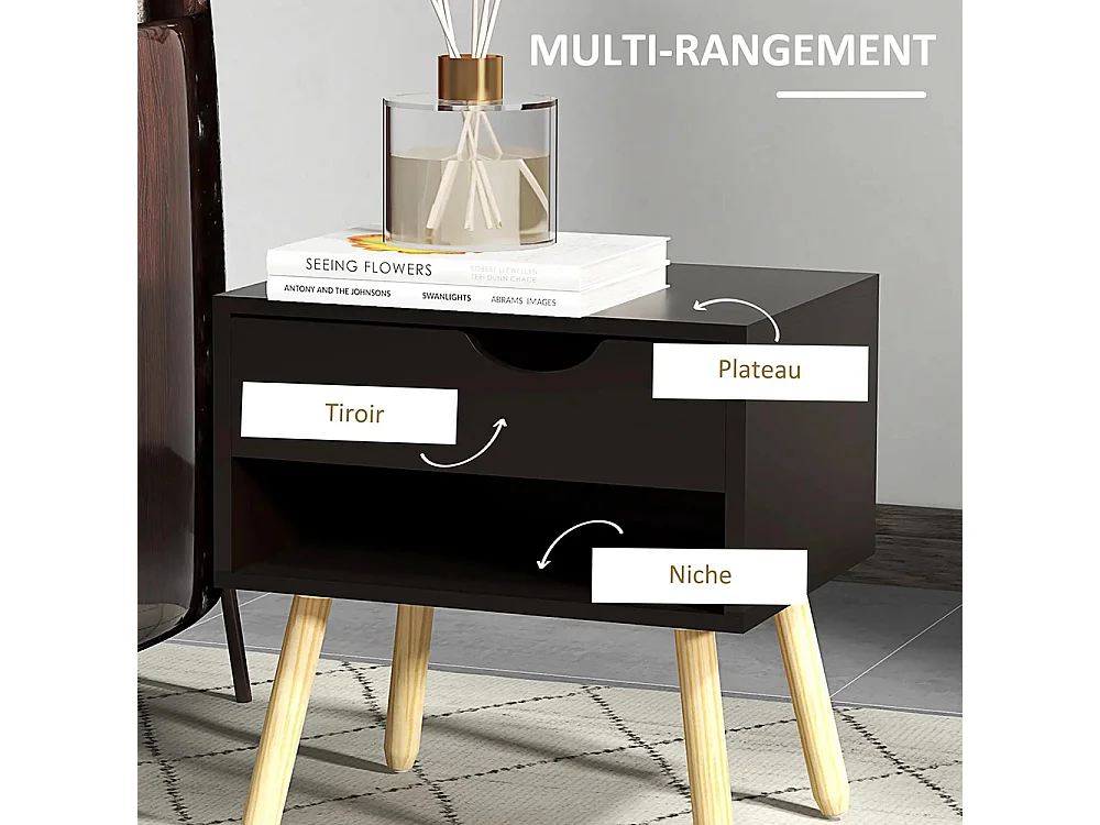 Lot de 2 tables de chevet avec tiroirs, pieds en bois massif, dimensions : 50 x 39 x 51 cm, couleur noir et bois naturel.