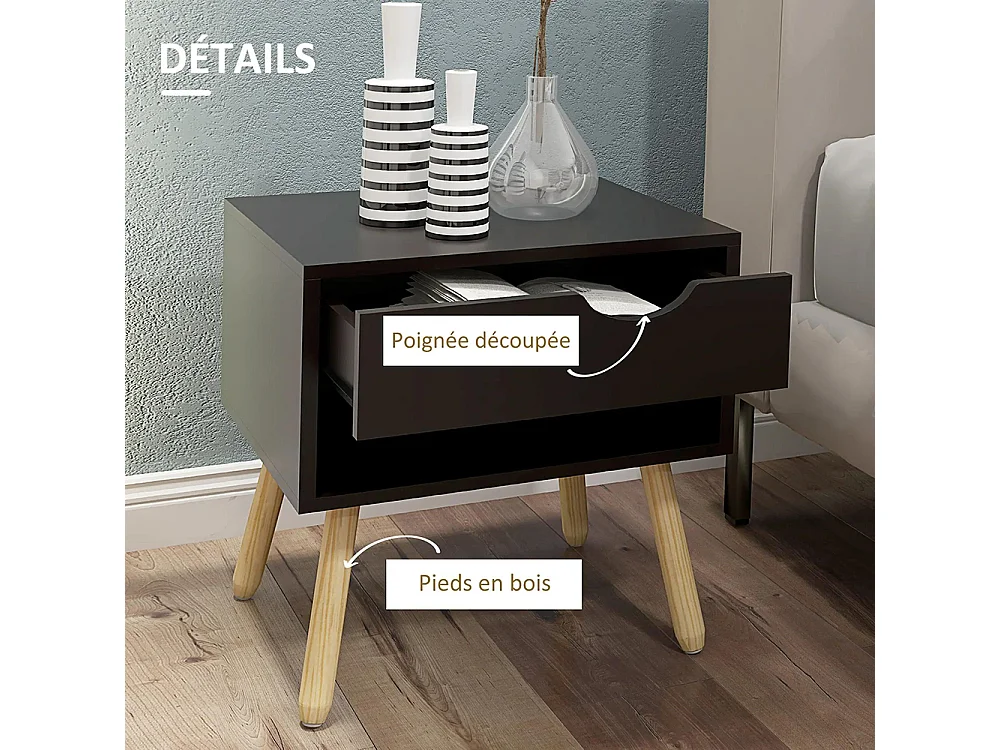 Lot de 2 tables de chevet avec tiroirs, pieds en bois massif, dimensions : 50 x 39 x 51 cm, couleur noir et bois naturel.