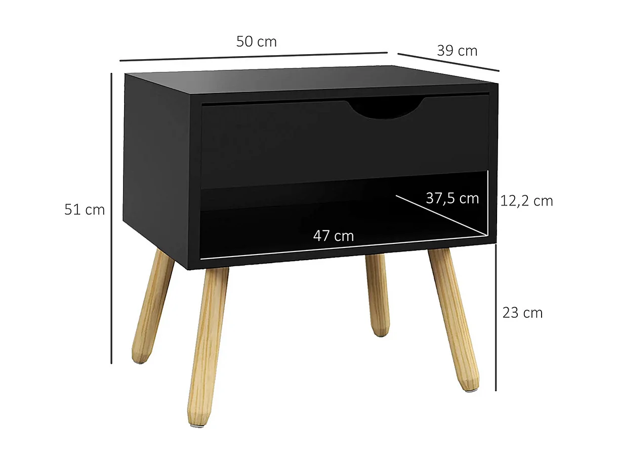 Lot de 2 tables de chevet avec tiroirs, pieds en bois massif, dimensions : 50 x 39 x 51 cm, couleur noir et bois naturel.