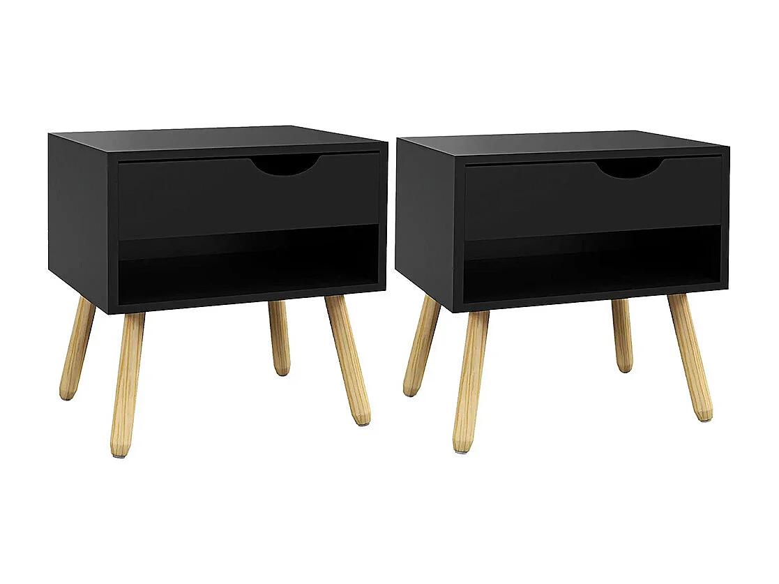 Lot de 2 tables de chevet avec tiroirs, pieds en bois massif, dimensions : 50 x 39 x 51 cm, couleur noir et bois naturel.