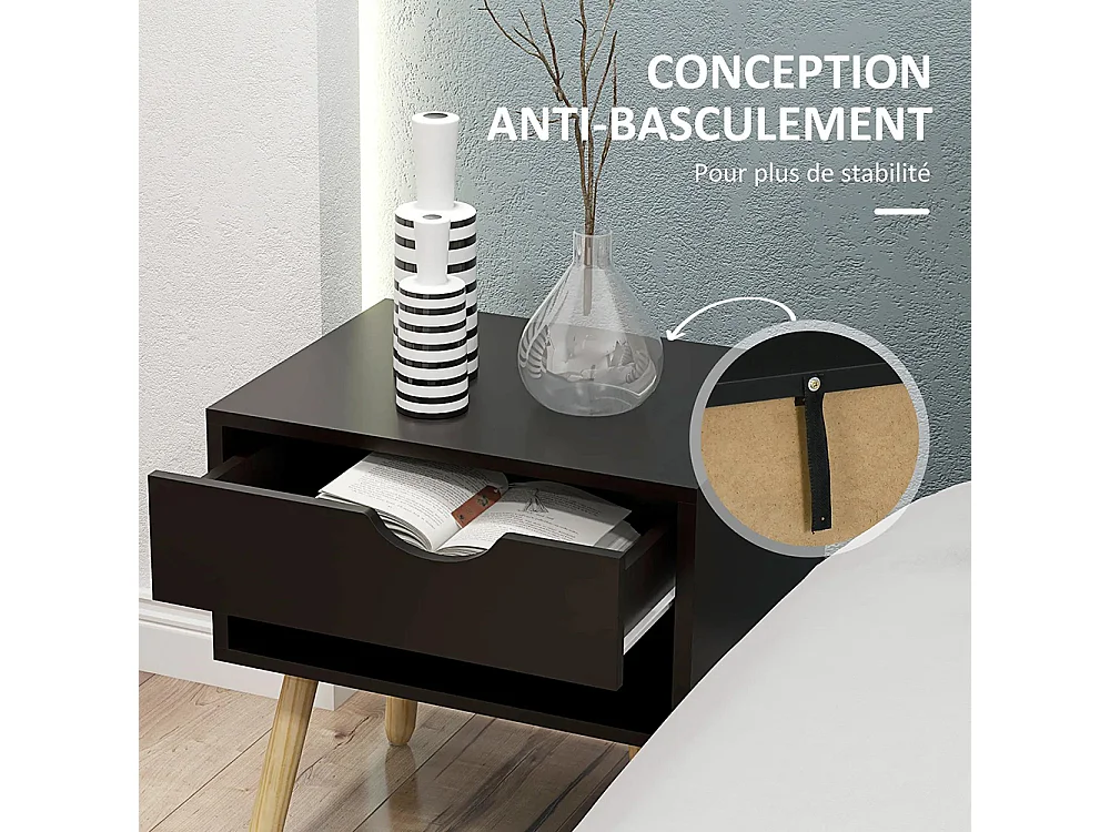 Lot de 2 tables de chevet avec tiroirs, pieds en bois massif, dimensions : 50 x 39 x 51 cm, couleur noir et bois naturel.