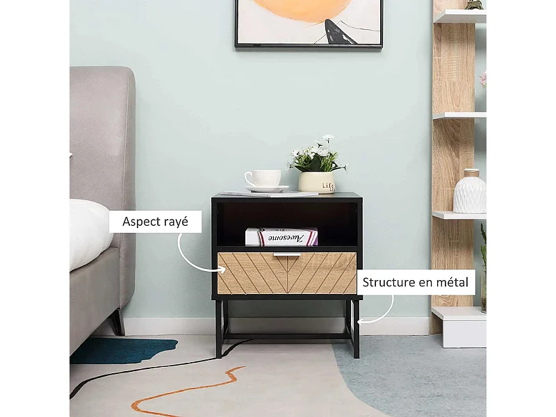 Table de chevet de style industriel, avec tiroirs et rainures, base métallique, sculpture en bois de chêne, couleur noire.