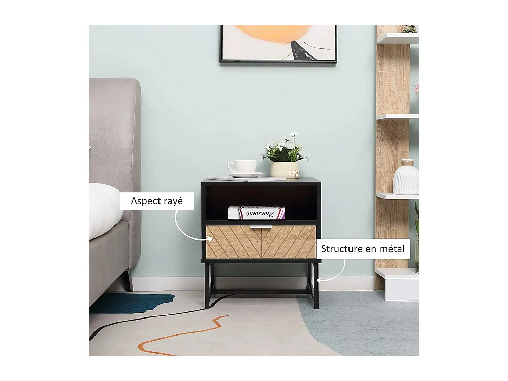 Table de chevet de style industriel, avec tiroirs et rainures, base métallique, sculpture en bois de chêne, couleur noire.