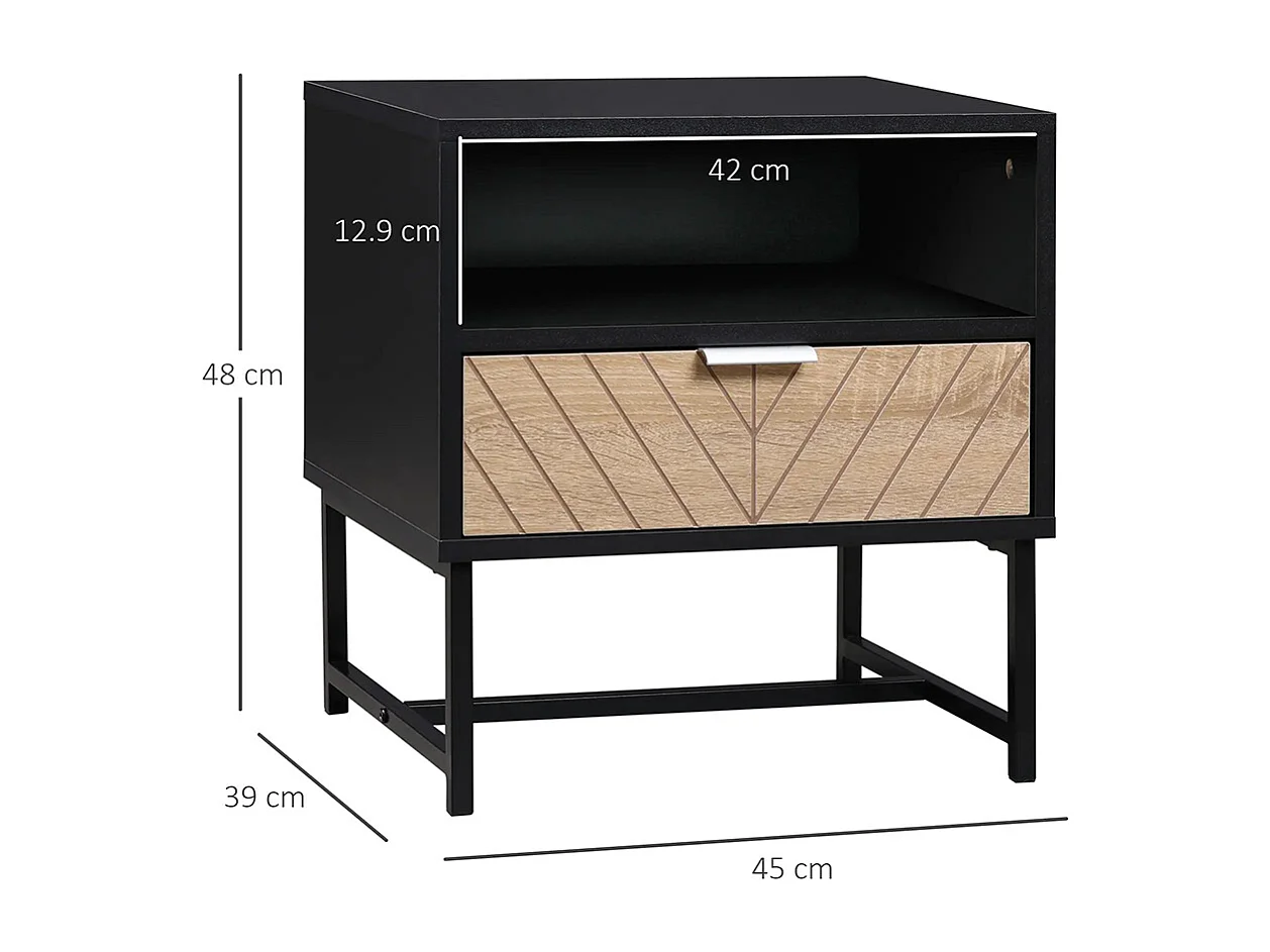 Table de chevet de style industriel, avec tiroirs et rainures, base métallique, sculpture en bois de chêne, couleur noire.