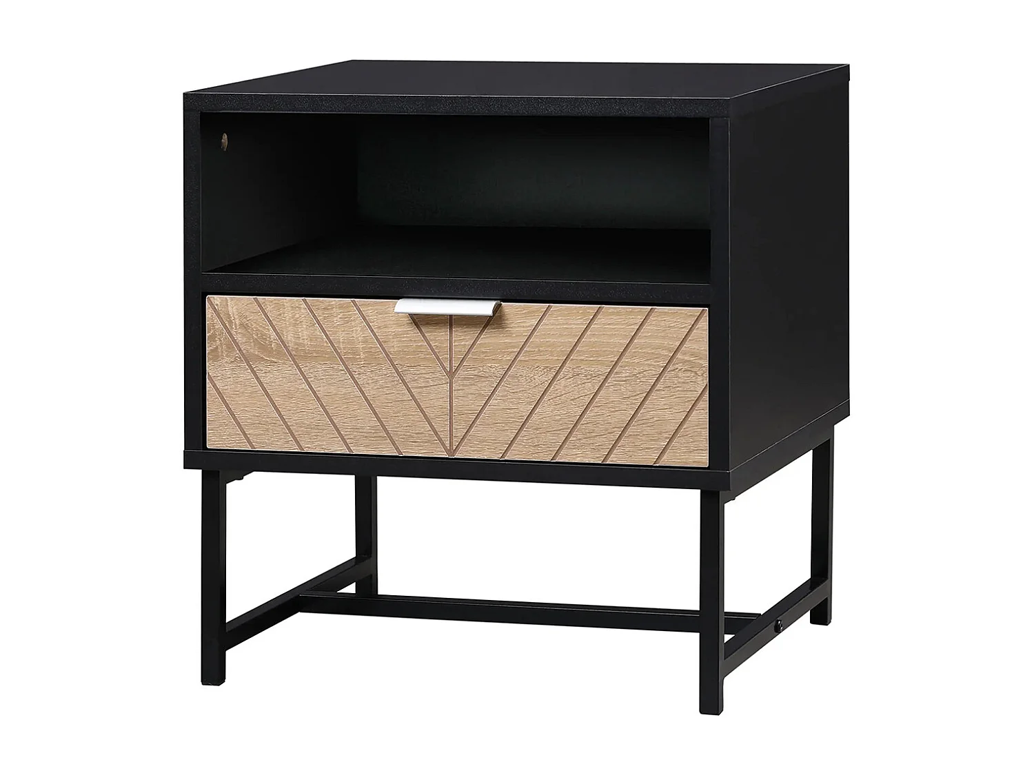 Table de chevet de style industriel, avec tiroirs et rainures, base métallique, sculpture en bois de chêne, couleur noire.