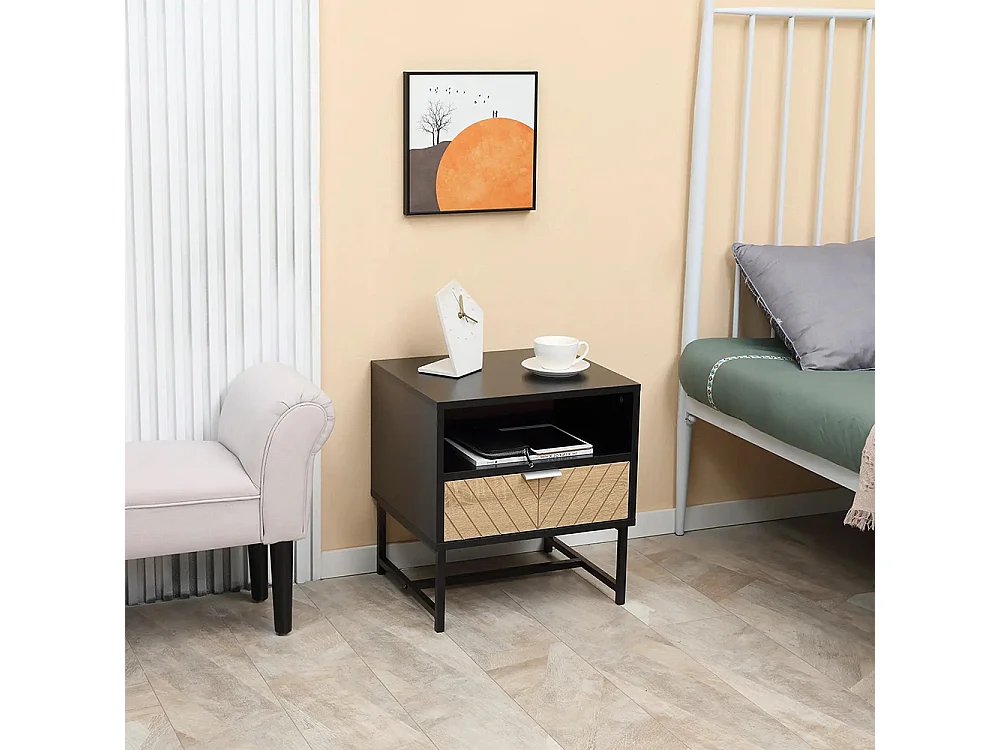 Table de chevet de style industriel, avec tiroirs et rainures, base métallique, sculpture en bois de chêne, couleur noire.