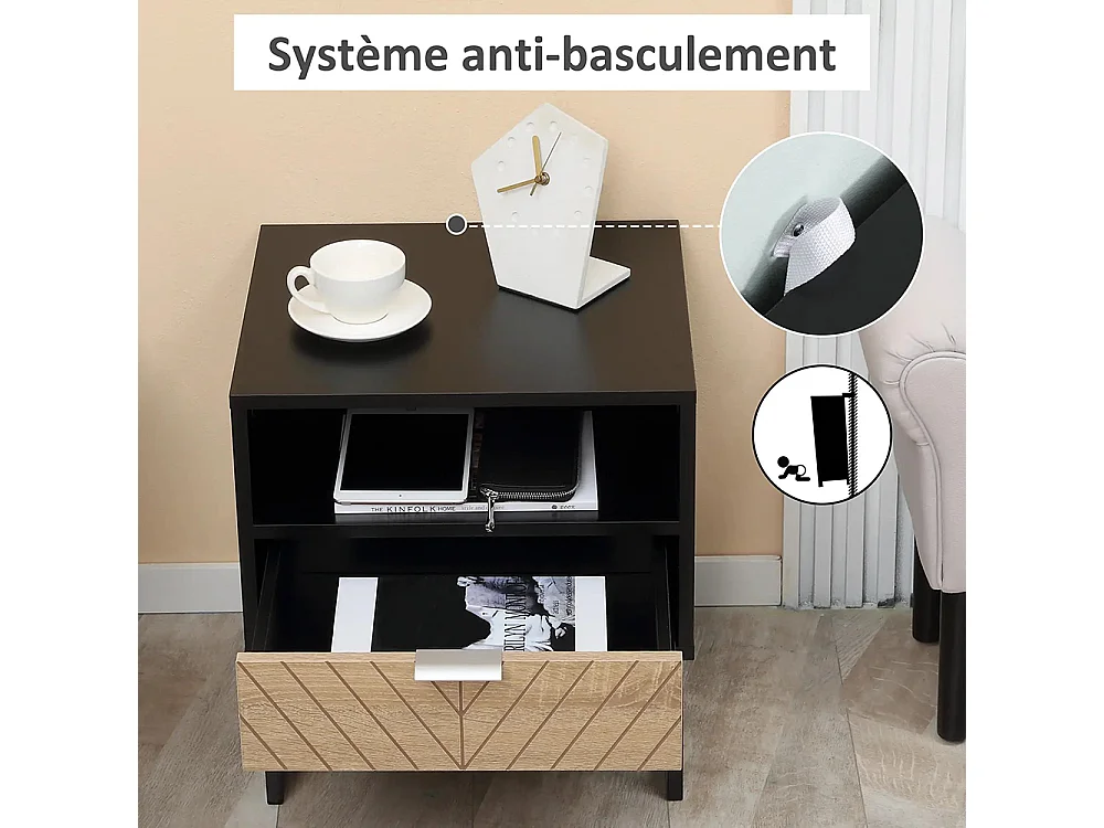 Table de chevet de style industriel, avec tiroirs et rainures, base métallique, sculpture en bois de chêne, couleur noire.