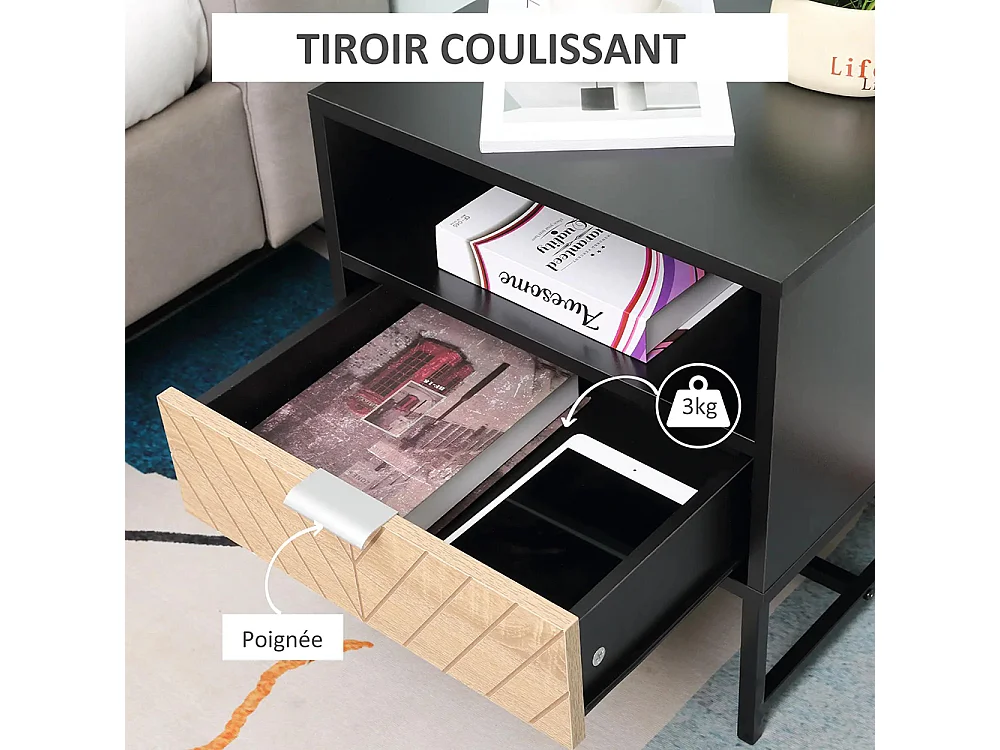 Table de chevet de style industriel, avec tiroirs et rainures, base métallique, sculpture en bois de chêne, couleur noire.