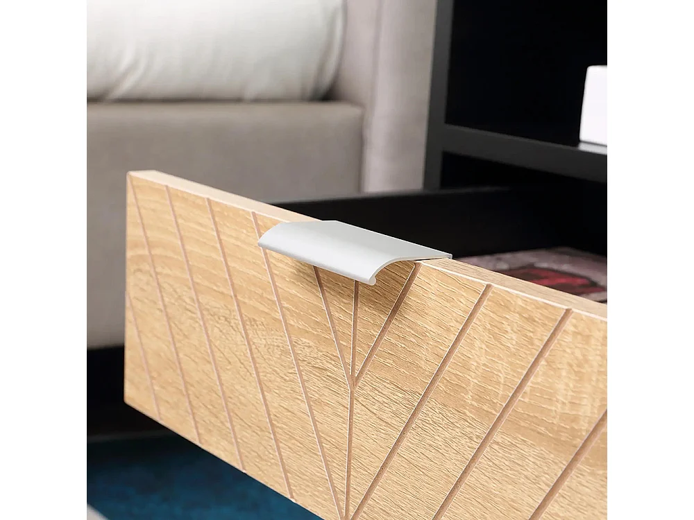 Table de chevet de style industriel, avec tiroirs et rainures, base métallique, sculpture en bois de chêne, couleur noire.