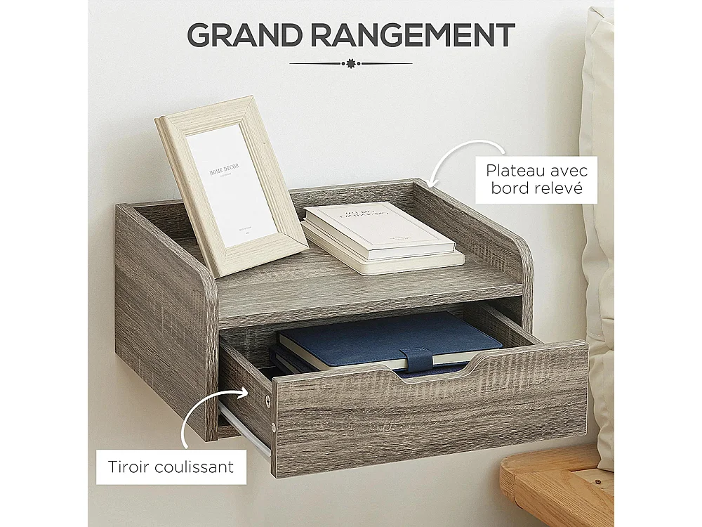 Ensemble de 2 tables de chevet murales, tables de chevet suspendues, avec tiroirs et plateaux, aspect bois, dimensions : 40 L x 30 l x 19,5 H cm, couleur grise.