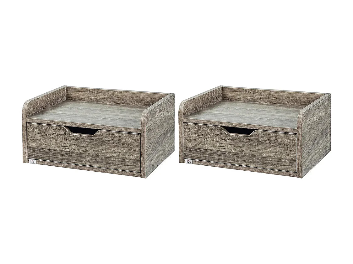 Ensemble de 2 tables de chevet murales, tables de chevet suspendues, avec tiroirs et plateaux, aspect bois, dimensions : 40 L x 30 l x 19,5 H cm, couleur grise.