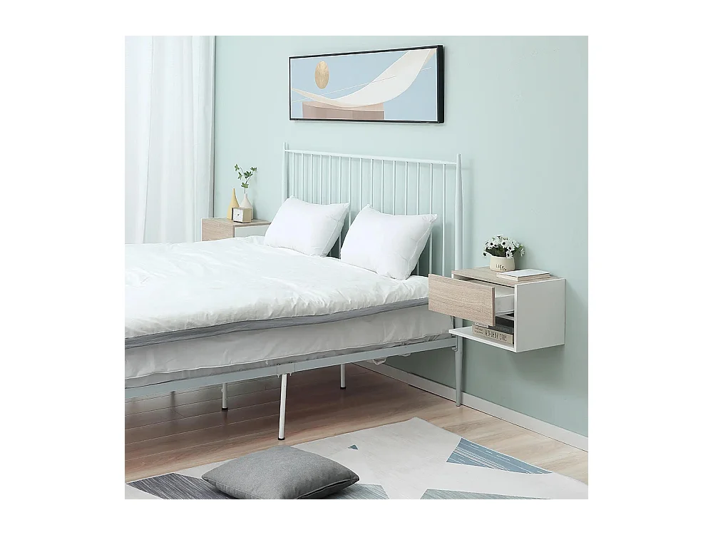 Tables de chevet suspendues Lot de 2 - Tables de Nuit murale - tiroir Coulissant - en Bois Bicolore Aspect chêne clair blanc