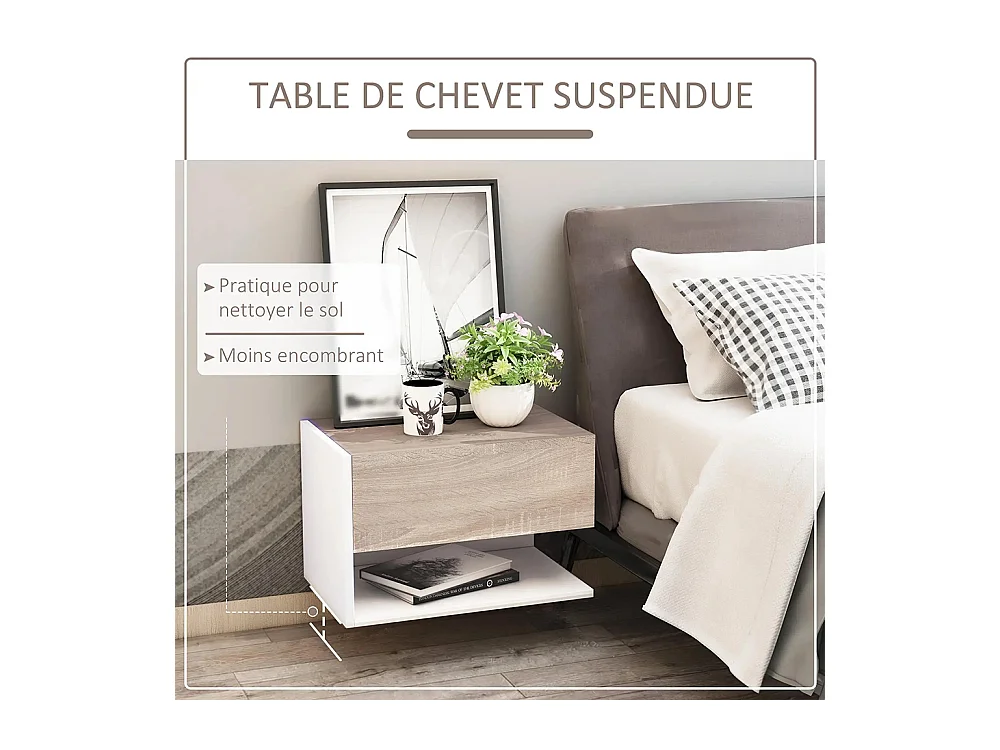 Tables de chevet suspendues Lot de 2 - Tables de Nuit murale - tiroir Coulissant - en Bois Bicolore Aspect chêne clair blanc