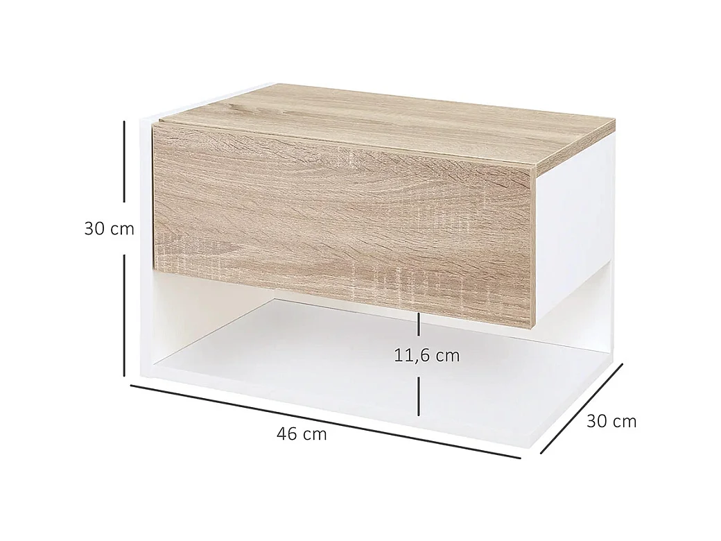 Tables de chevet suspendues Lot de 2 - Tables de Nuit murale - tiroir Coulissant - en Bois Bicolore Aspect chêne clair blanc