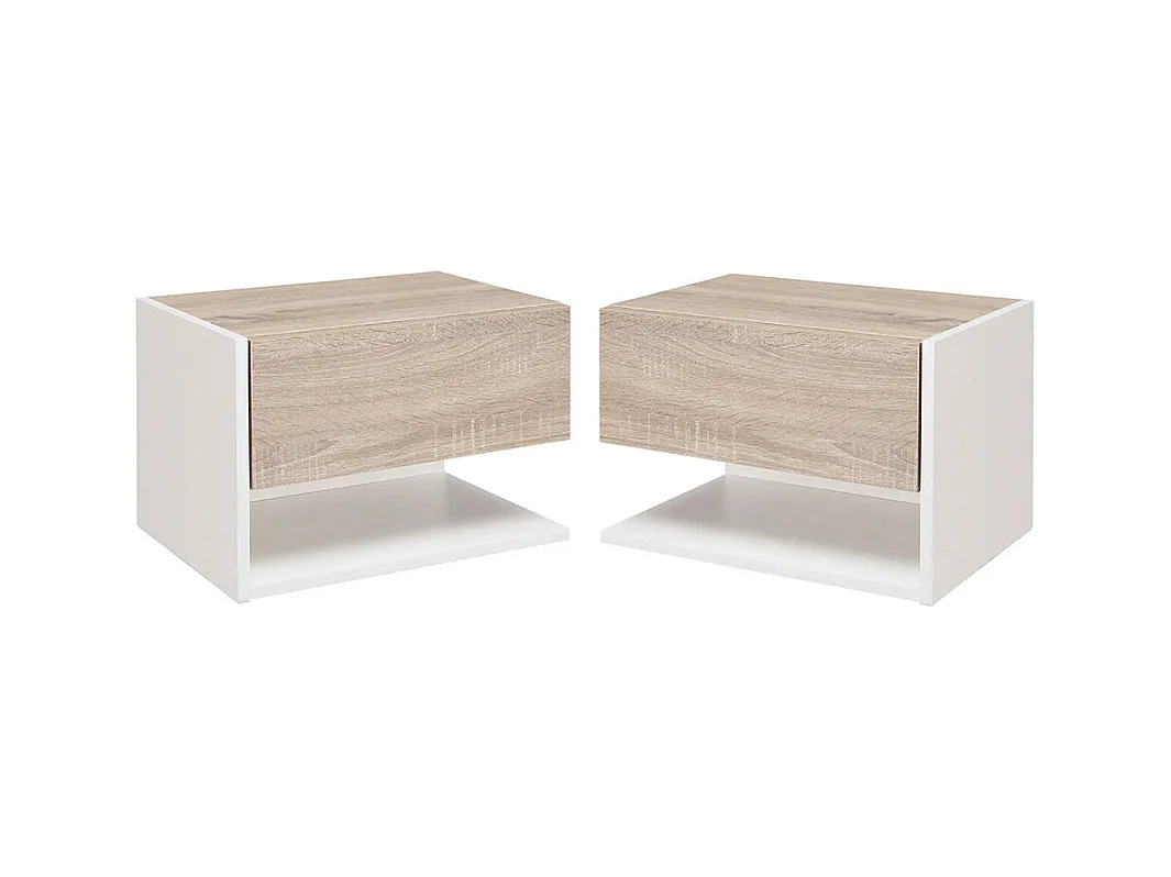 Tables de chevet suspendues Lot de 2 - Tables de Nuit murale - tiroir Coulissant - en Bois Bicolore Aspect chêne clair blanc