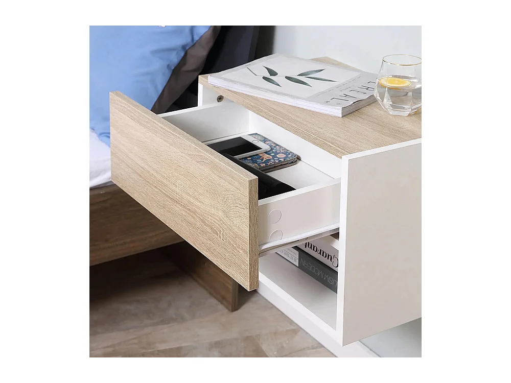 Tables de chevet suspendues Lot de 2 - Tables de Nuit murale - tiroir Coulissant - en Bois Bicolore Aspect chêne clair blanc