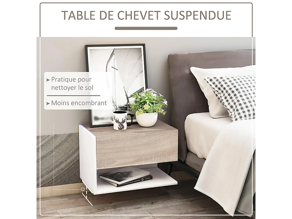 Tables de chevet suspendues Lot de 2 - Tables de Nuit murale - tiroir Coulissant - en Bois Bicolore Aspect chêne clair blanc