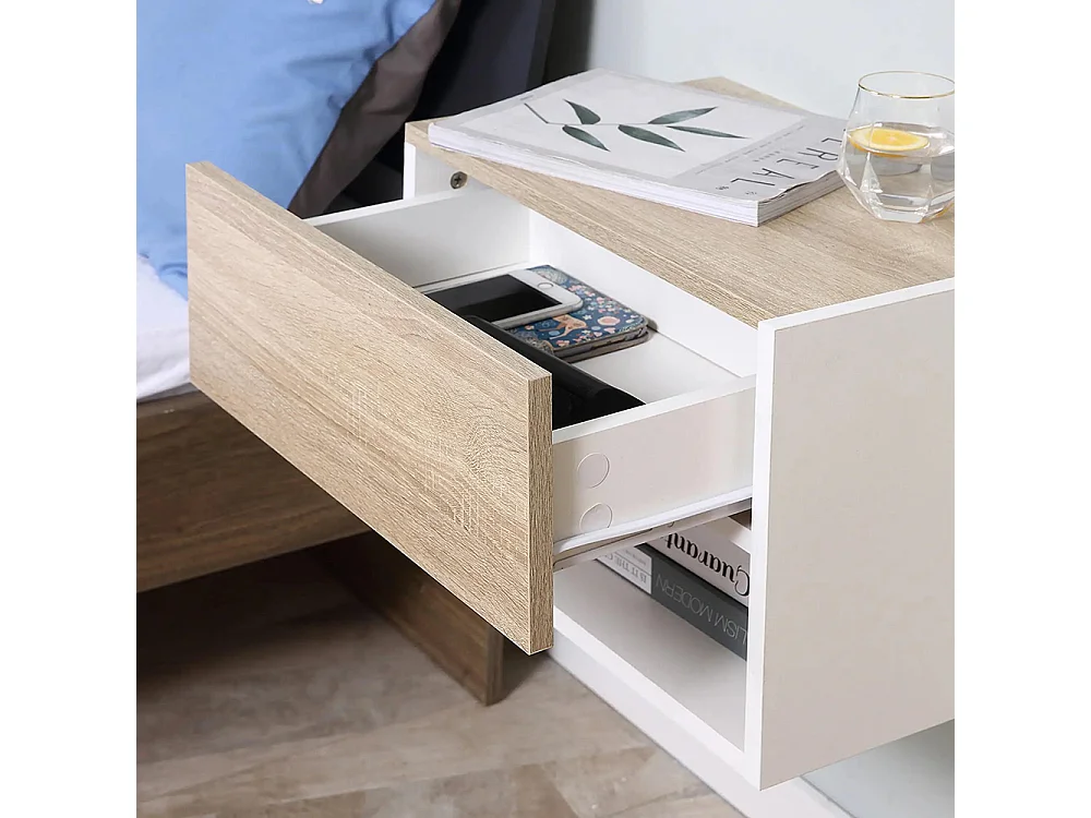Tables de chevet suspendues Lot de 2 - Tables de Nuit murale - tiroir Coulissant - en Bois Bicolore Aspect chêne clair blanc