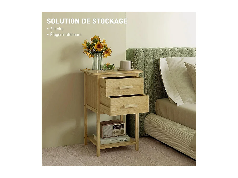 Lot de 2 tables de chevet table de nuit en bambou avec 2 tiroirs et 1 étagère 40 x 34 x 60 cm, naturel