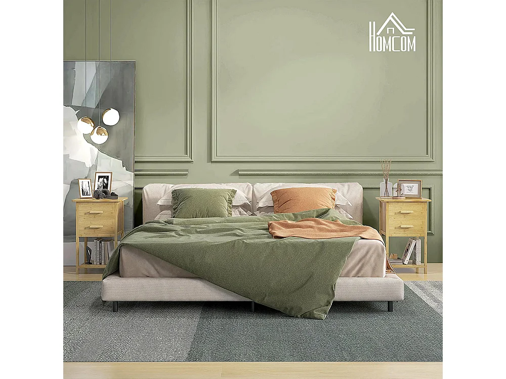 Lot de 2 tables de chevet table de nuit en bambou avec 2 tiroirs et 1 étagère 40 x 34 x 60 cm, naturel