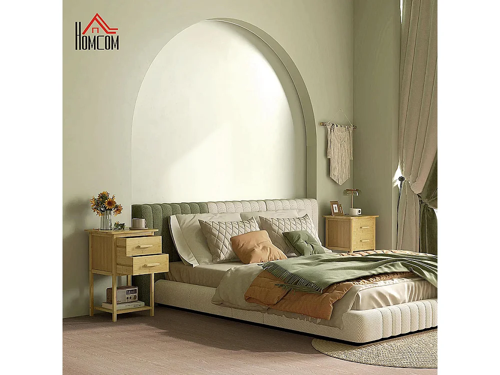 Lot de 2 tables de chevet table de nuit en bambou avec 2 tiroirs et 1 étagère 40 x 34 x 60 cm, naturel