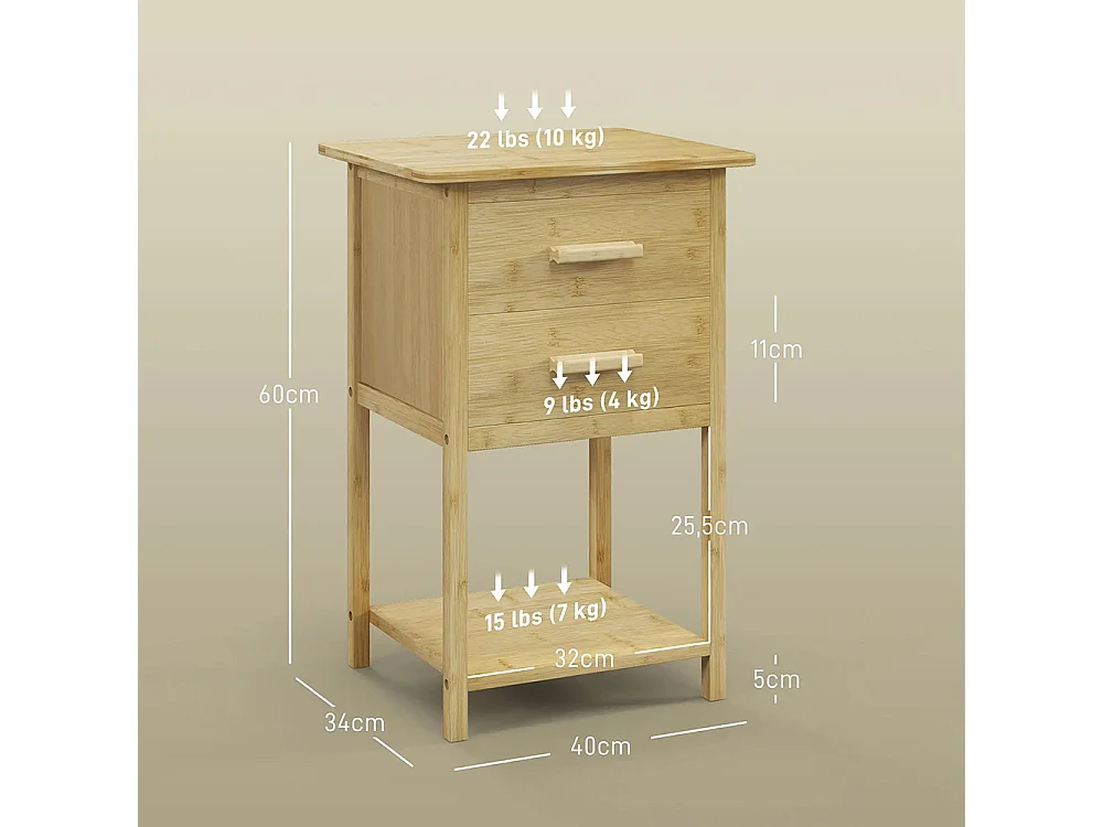 Lot de 2 tables de chevet table de nuit en bambou avec 2 tiroirs et 1 étagère 40 x 34 x 60 cm, naturel